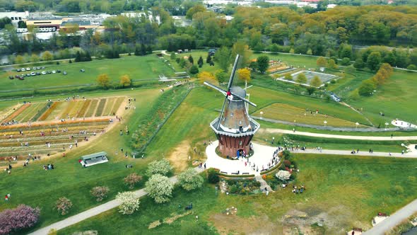 Aerial Flight Over the Windmill in the Town of Holland in Michigan