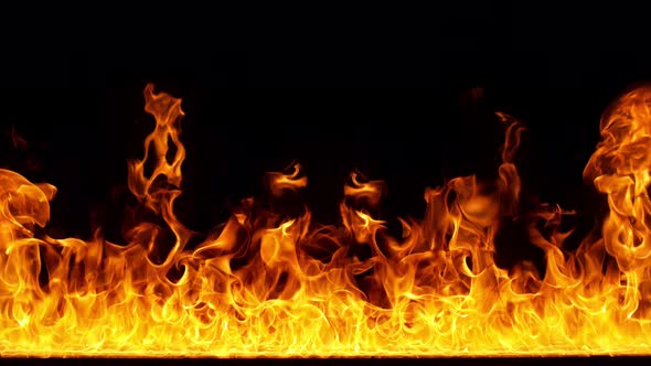 Fire Flames in Super Slow Motion Isolated on Black Background