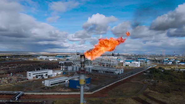 Aerial View of Chemical Plant. Gas Processing. The Industry Burns Excess Natural Gas.