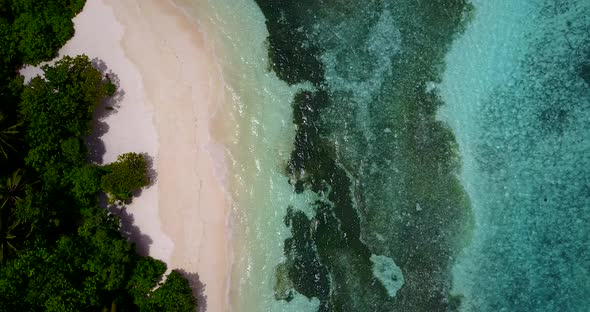 Natural flying copy space shot of a sandy white paradise beach and blue ocean background in colourfu