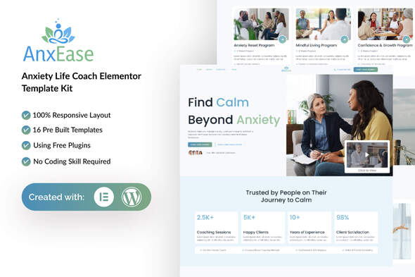 AnxEase - Anxiety Life Coach Elementor Template Kit