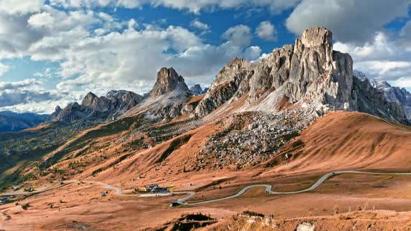 Aerial view of Passo Giau in autumn, Dolomites, Italy