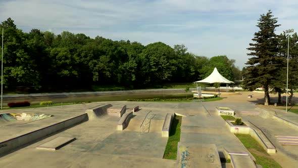 Aerial Shot Over Skate Park Near a Lake