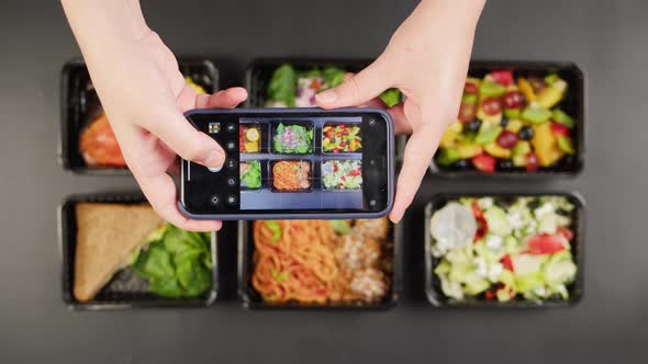 Taking Photo of Food Delivery in Disposable Containers on Phone Take Away Meals Top View Balanced