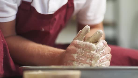 Clay Tableware Production the Man Potter Makes a Pitcher Out of Clay Closeup View Handicraft the