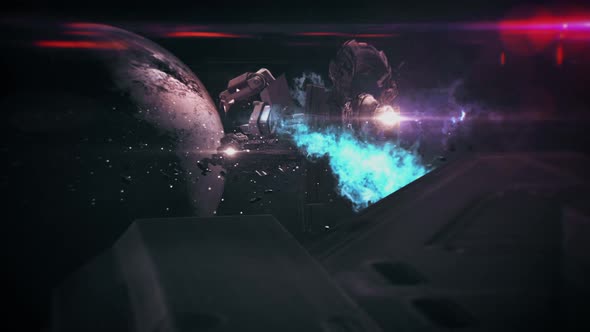 Futuristic spaceship flying away from space station. Space rocket leaves dead planet. Spacecrafts alt