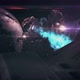 Futuristic spaceship flying away from space station. Space rocket leaves dead planet. Spacecrafts - VideoHive Item for Sale