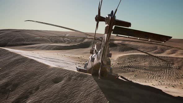 Old Rusted Military Helicopter in the Desert at Sunset