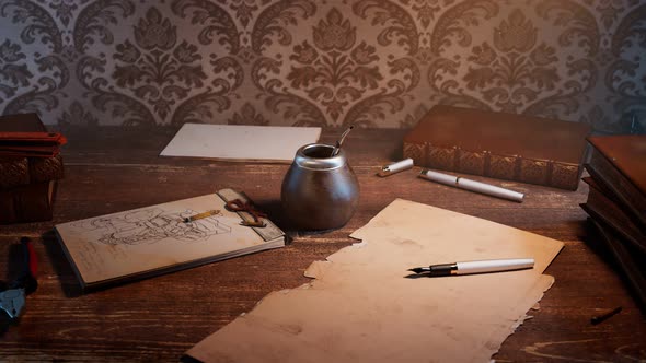 Traditional yerba mate on a vintage desk. Energy herbal drink. Gourd with straw