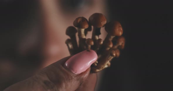 Close up of a woman studying the wild mushroom with her hands