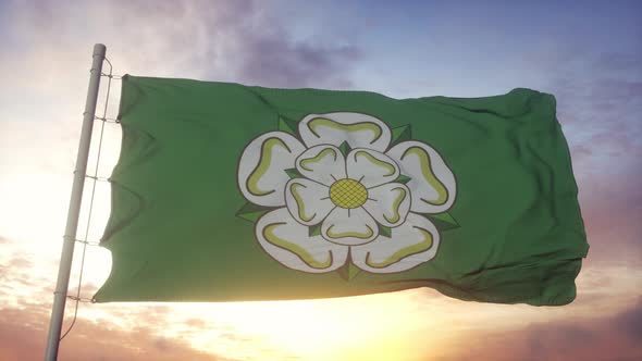 North Yorkshire Flag England Waving in the Wind Sky and Sun Background