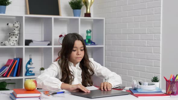 Hurrying Kid is Late at Online Lesson Wearing Earphones and Open Computer Punctuality