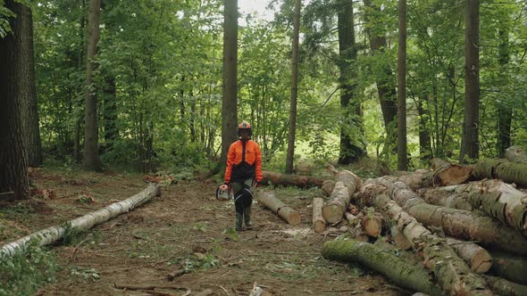 Female Logger Walks in the Forest Young Specialist Woman in Protective Gear Looks at the Camera