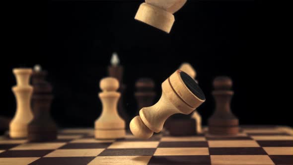 Super Slow Motion Man's Hand Knocks the Chess Piece Off the Board