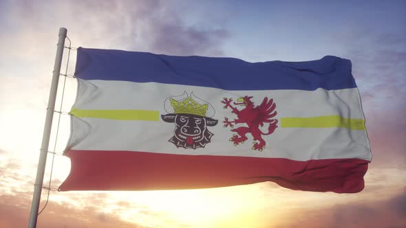 Mecklenburg-Western Pomerania flag, Germany, waving in the wind, sky and sun background