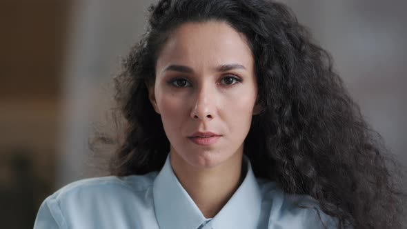 Portrait Female Upset Face Arab Girl Attractive Hispanic Woman with Curly Hair Natural Makeup Sad