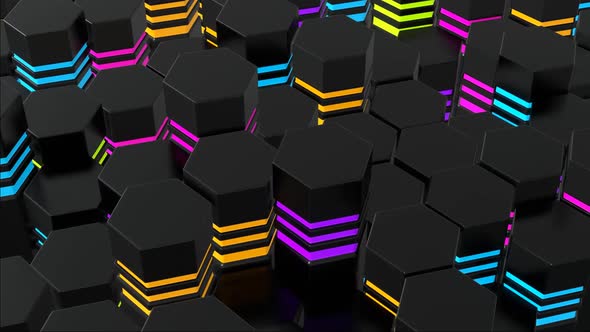 HD Abstract looped background waves of cubes on the plane and neon lights. A grid of cubes. 4K Video