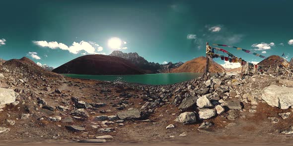 VR Gokyo Ri Mountain Lake at the Winter Season. Wild Himalayas High Altitude Nature and Mount Valley