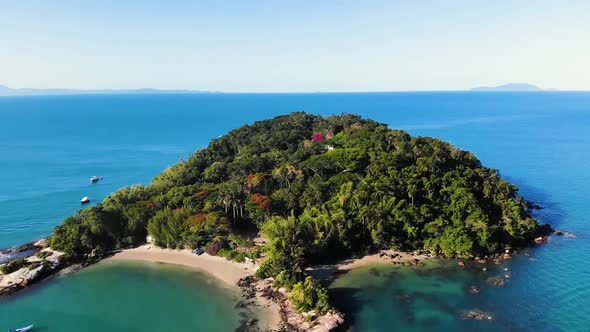 Aerial Shot of Island in Brazil, Florianopolis. Camera Gets Close to the Island aboe the Trees