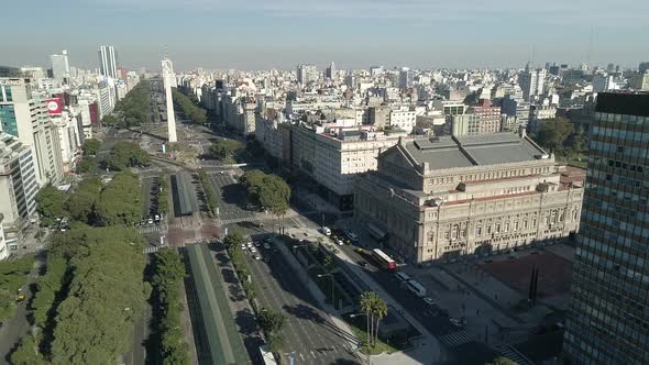 Aerial Drone Scene of Buenos Aires - Argentina - Colon Theater, Avenue and Obelisk