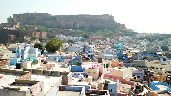 Aerial drone Shot Of Blue City, Jodhpur, Rajasthan During The Day.