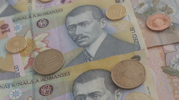 Romanian national currency details 3840X2160p 30fps UltraHD    video - Coins and paper banknotes of 