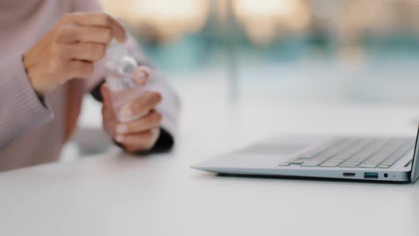 Closeup Female Hands Typing on Laptop Responsible Unrecognizable Businesswoman Cleaning Palms with