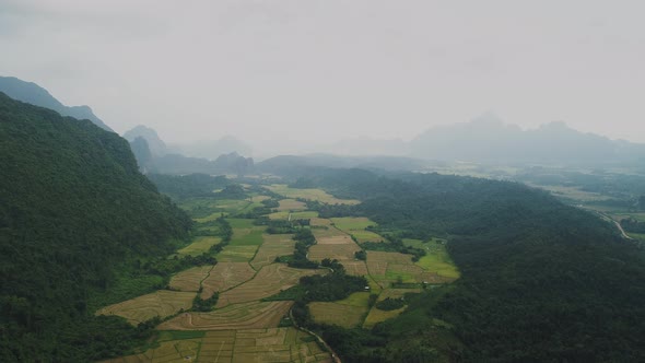 Nature landscape near town of Vang Vieng in Laos seen from the sky