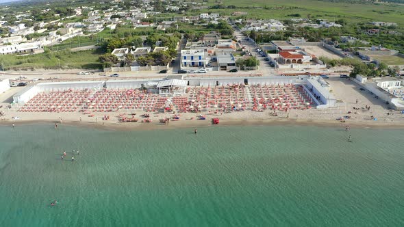 Spiaggiabella Beach with empty sun loungers, Apulia, Italy