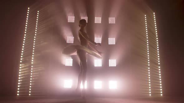 Diligent Young Graceful Ballerina Dancing Elements of Classical Ballet in the Dark with Light