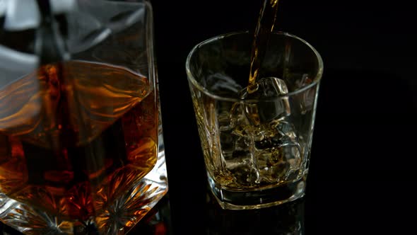 Super Slow Motion Shot of Pouring Whiskey Into Glass with Ice Cubes at 1000Fps with Camera Movement