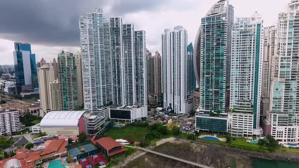 Aerial drone footage  Panama City skyline with an artificial island