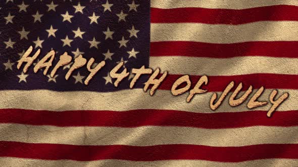 Animation of handwritten text Happy 4th of July with an U.S. flag waving in the background 