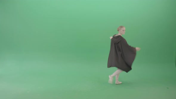 Ballet Girl In Matle Cloak Dancing On Green Screen