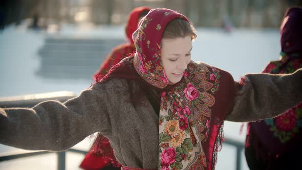 Russian Folklore - a Woman in a Bright Shawl Is Dancing Russian Folk Dance