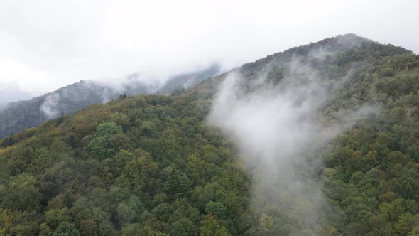 Mountains in Fog Slow Motion. Aerial View of the Carpathian Mountains in Autumn, Ukraine