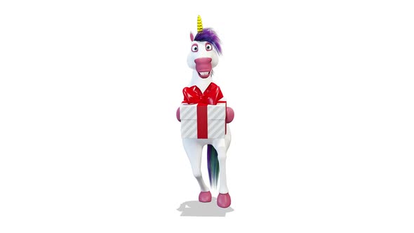 Unicorn Dancing And Congratulates With A Gift on White Background 