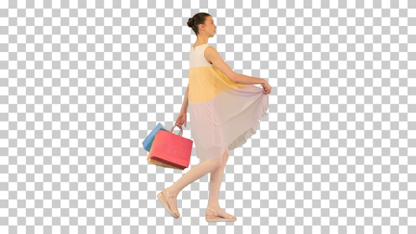 Teenager girl in a summer dress walking, Alpha Channel