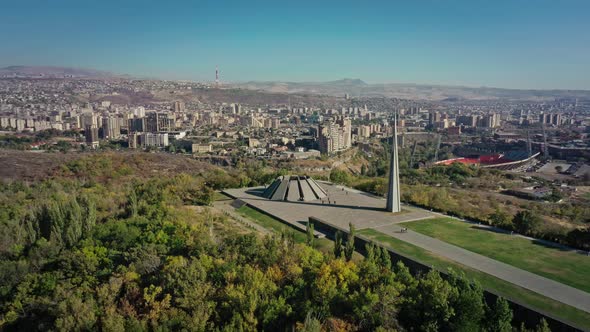 Aerial Drone Pan Shot of Tsitsernakaberd Museum and City Panorama