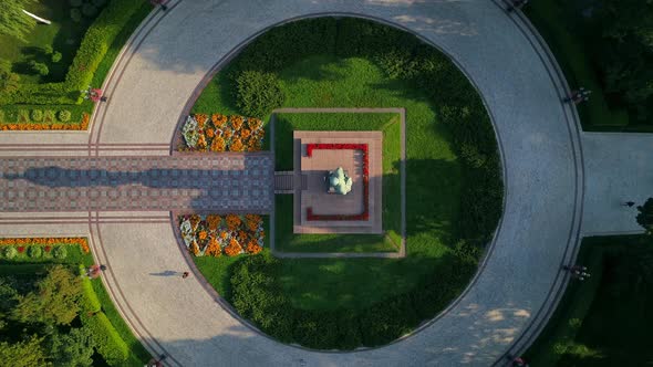 Aerial Top View Monument Writer Taras Shevchenko in Park on Sunny Summer Day