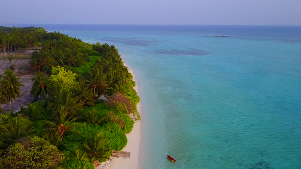 Drone aerial scenery of tourist beach break by blue ocean and sand background