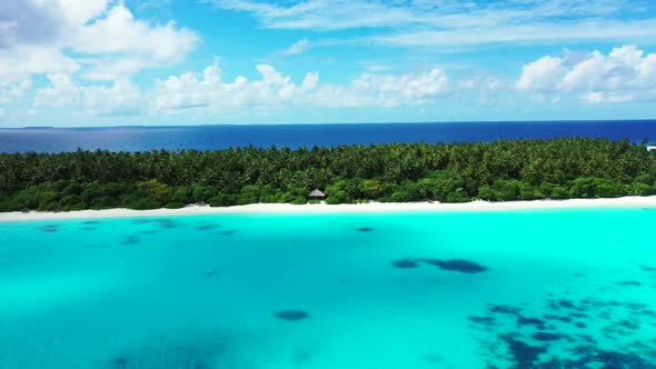 Aerial drone landscape of marine coastline beach vacation by blue green sea with white sand backgrou