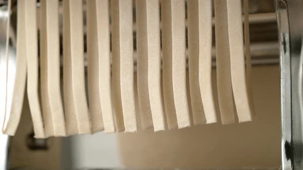 Camera follows fresh pasta coming out of pasta machine. Slow Motion.