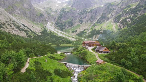 Aerial view of the lake Zelene pleso in the High Tatras in Slovakia