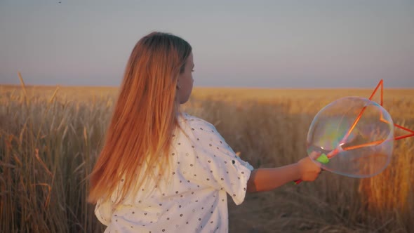 Little Girl Blowing Soap Bubbles in Wheat Field at Sunset Time. Slow Motion Video.