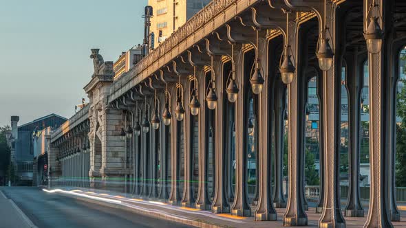 Seine Bridge BirHakeim During Sunrise Timelapse in the Center of Paris a Beautiful Summer Morning