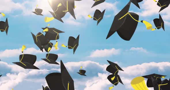 Animation of graduation hats falling against blue sky