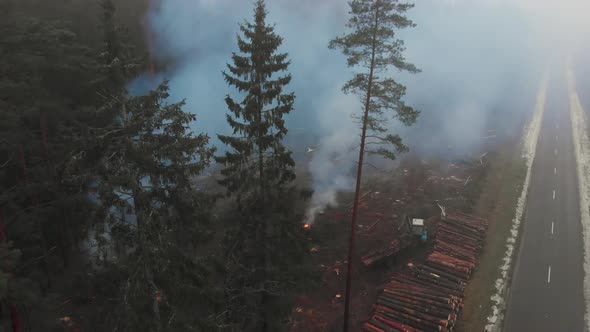 Flying Over Clearing Where Deforestation Is Taking Place