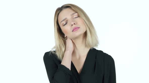 Neck Pain , Tired Young Woman on White Background