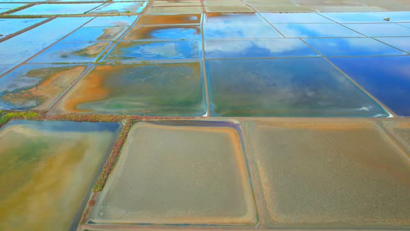 An aerial view from a drone flying over a salt fields, salt production.